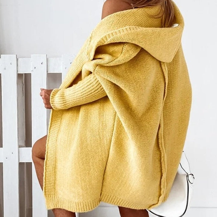 Damen lange Strickjacke mit Kapuze offener Front und strukturierten Bündchen