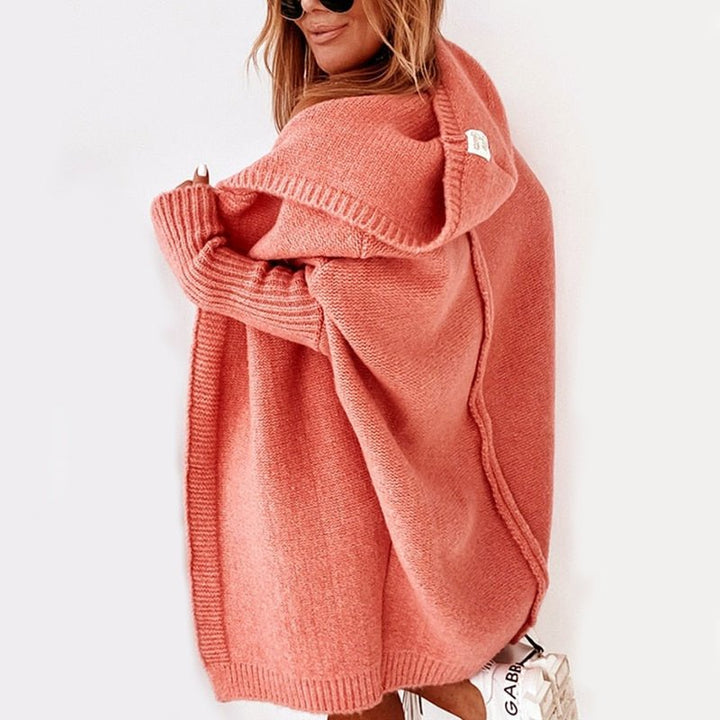 Damen lange Strickjacke mit Kapuze offener Front und strukturierten Bündchen