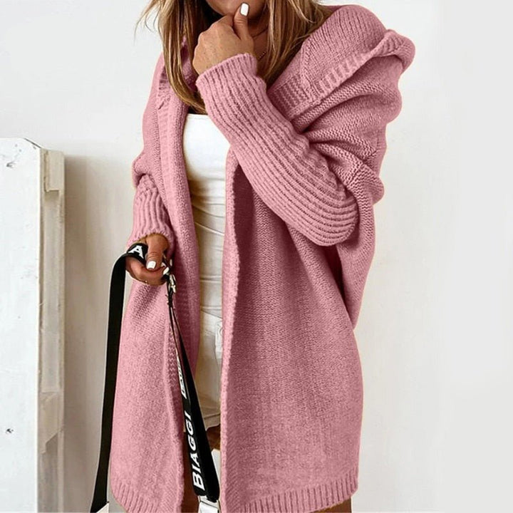 Damen lange Strickjacke mit Kapuze offener Front und strukturierten Bündchen