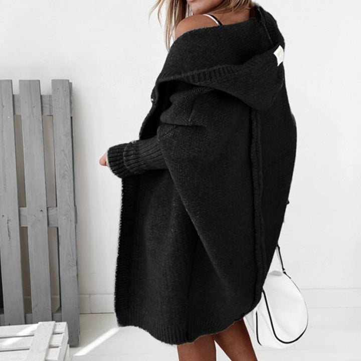 Damen lange Strickjacke mit Kapuze offener Front und strukturierten Bündchen