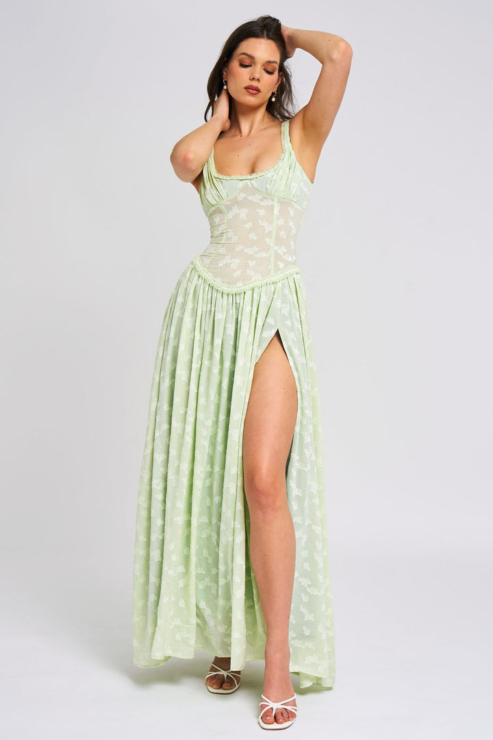Damen Maxi Kleid mit breiten Trägern gerafftem Mieder und hohem Beinschlitz