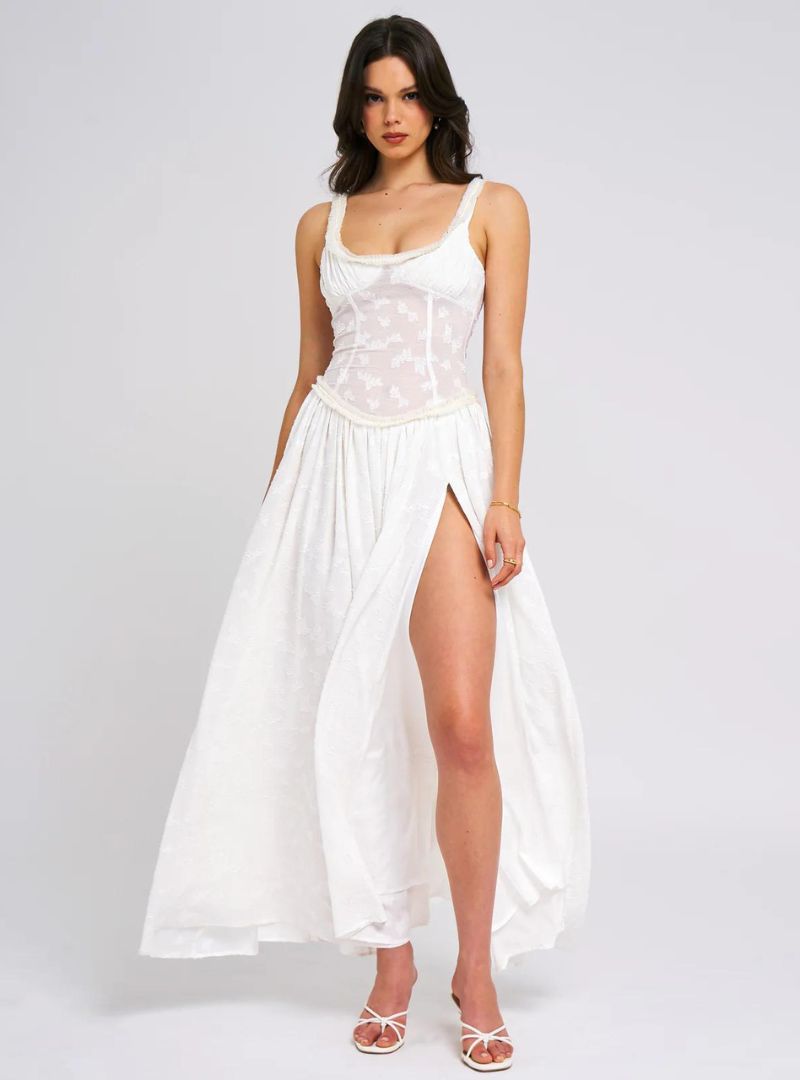 Damen Maxi Kleid mit breiten Trägern gerafftem Mieder und hohem Beinschlitz