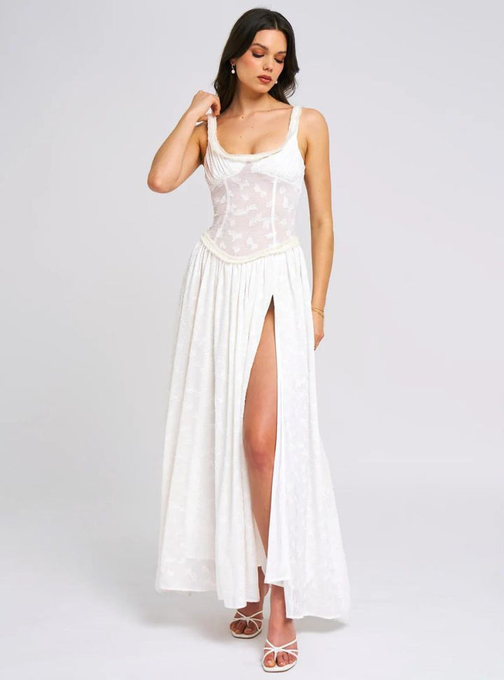 Damen Maxi Kleid mit breiten Trägern gerafftem Mieder und hohem Beinschlitz