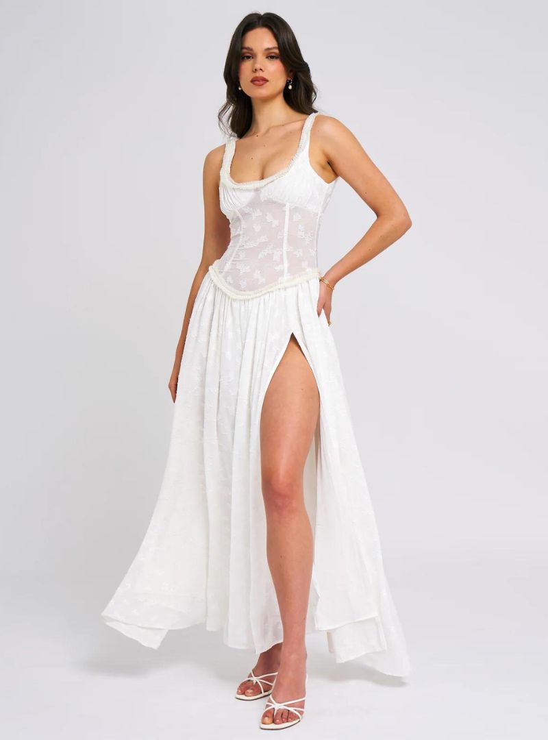 Damen Maxi Kleid mit breiten Trägern gerafftem Mieder und hohem Beinschlitz