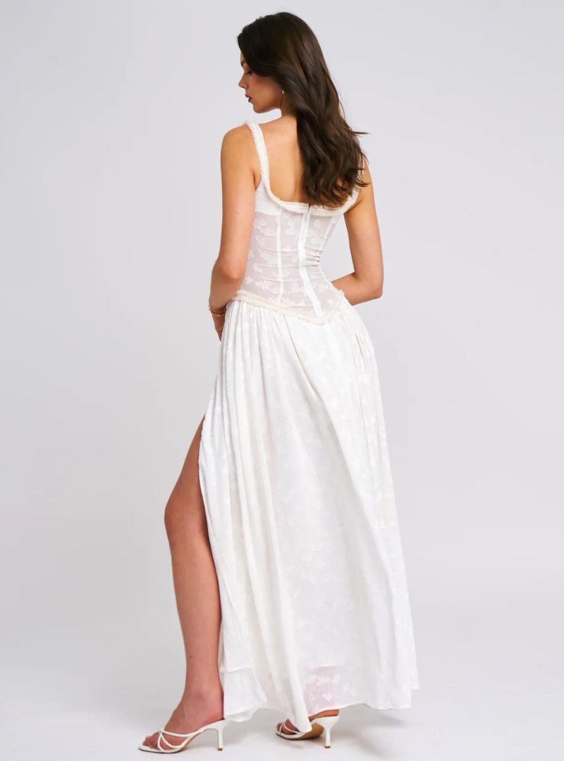 Damen Maxi Kleid mit breiten Trägern gerafftem Mieder und hohem Beinschlitz