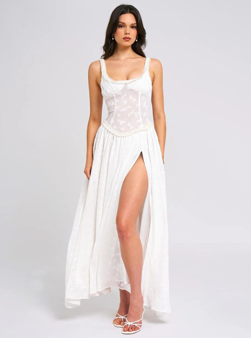 Damen Maxi Kleid mit breiten Trägern gerafftem Mieder und hohem Beinschlitz