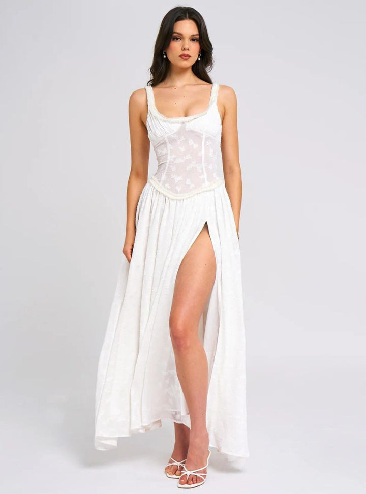 Damen Maxi Kleid mit breiten Trägern gerafftem Mieder und hohem Beinschlitz