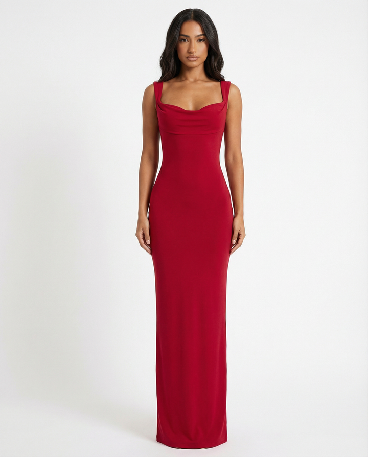 Damen Maxi Kleid mit Cowl Ausschnitt breiten Schulterträgern und geradem Saum