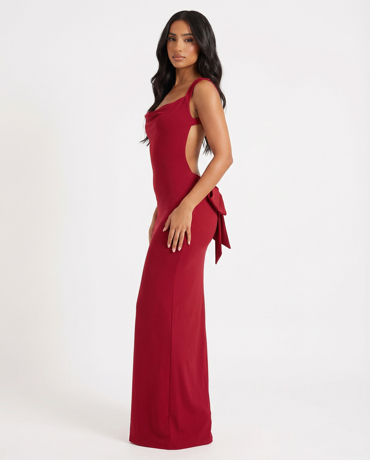 Damen Maxi Kleid mit Cowl Ausschnitt breiten Schulterträgern und geradem Saum