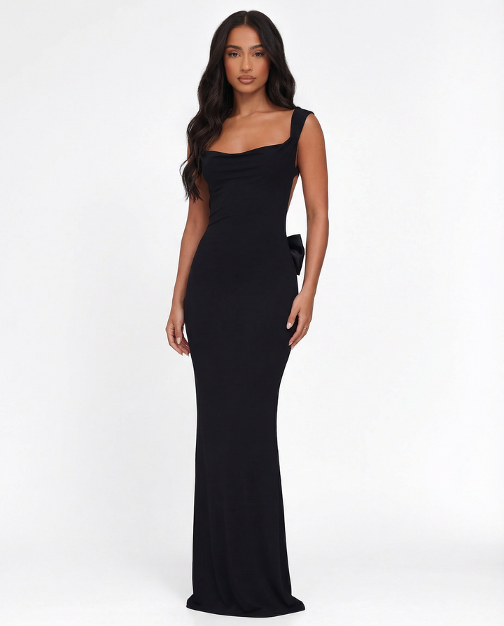 Damen Maxi Kleid mit Cowl Ausschnitt breiten Schulterträgern und geradem Saum