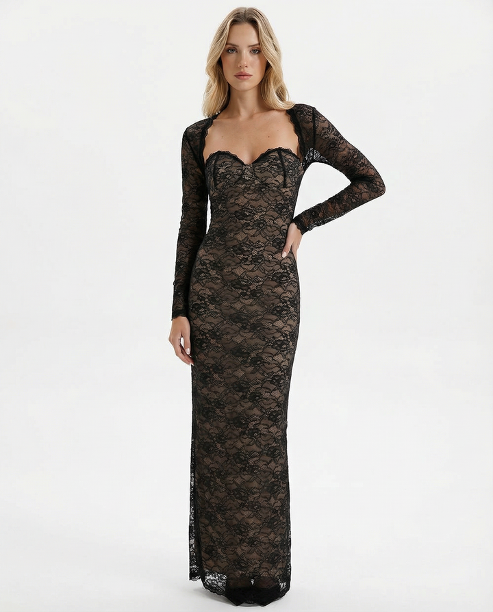 Damen Maxi Kleid mit Herzausschnitt abnehmbaren langen Ärmeln und floralem Spitzenmuster
