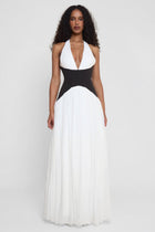Damen Maxi Kleid mit Neckholder Ausschnitt schwarzem Taillenpanel und weißem Plisseerock
