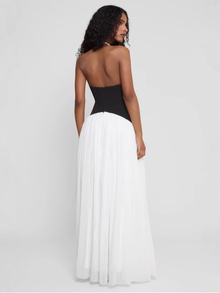 Damen Maxi Kleid mit Neckholder Ausschnitt schwarzem Taillenpanel und weißem Plisseerock