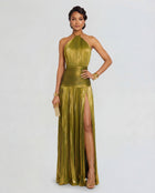 Damen Maxi Kleid mit Neckholder Ausschnitt und Beinschlitz