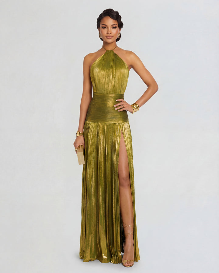 Damen Maxi Kleid mit Neckholder Ausschnitt und Beinschlitz