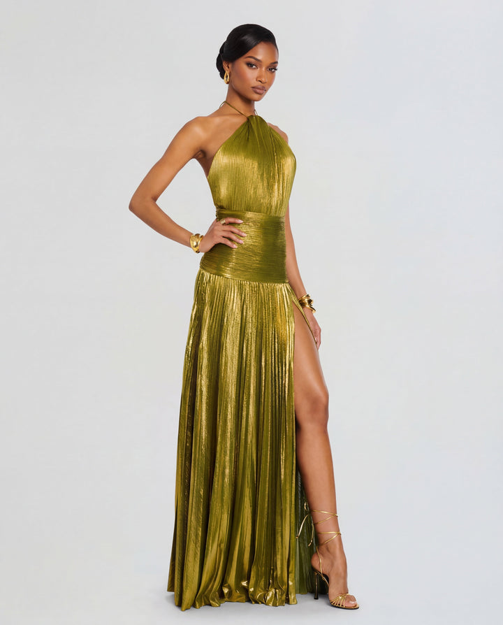 Damen Maxi Kleid mit Neckholder Ausschnitt und Beinschlitz