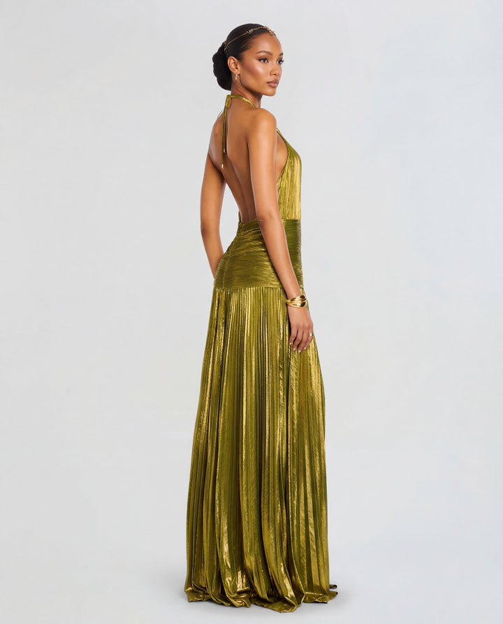 Damen Maxi Kleid mit Neckholder Ausschnitt und Beinschlitz