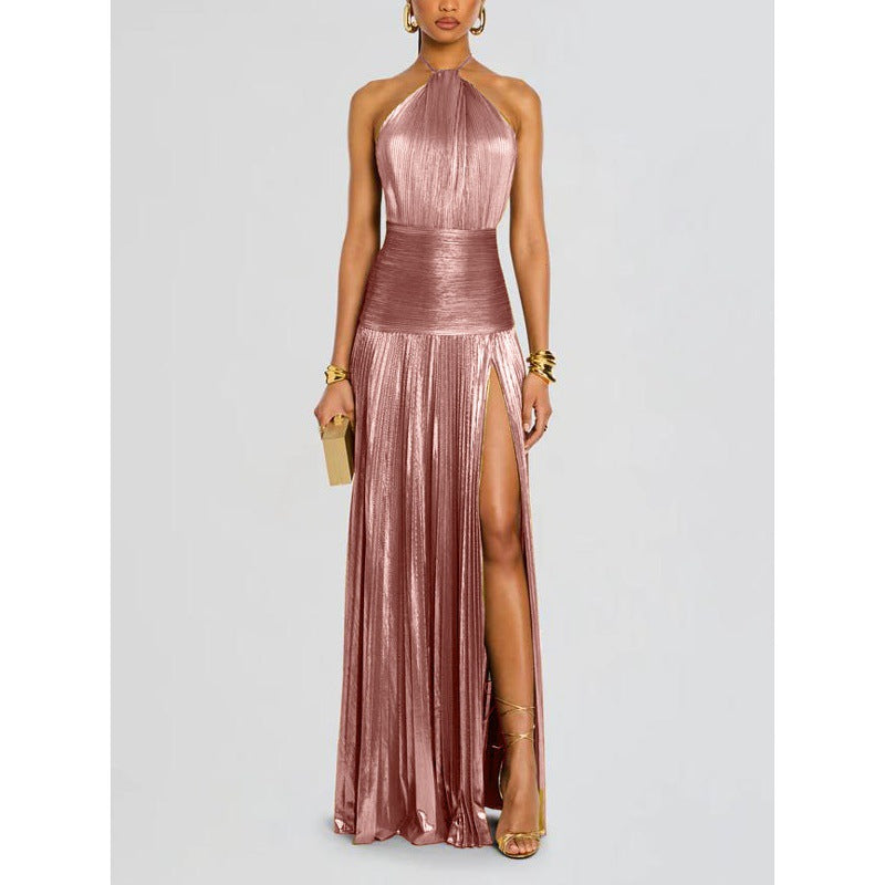 Damen Maxi Kleid mit Neckholder Ausschnitt und Beinschlitz