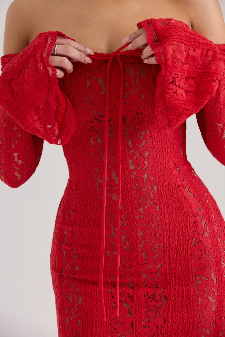 Damen Maxi Kleid mit schulterfreiem Ausschnitt langen Glockenärmeln und Bindeverschluss am Ausschnitt