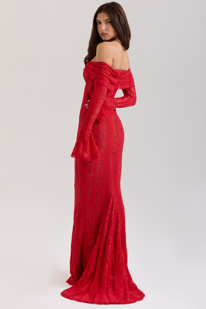 Damen Maxi Kleid mit schulterfreiem Ausschnitt langen Glockenärmeln und Bindeverschluss am Ausschnitt