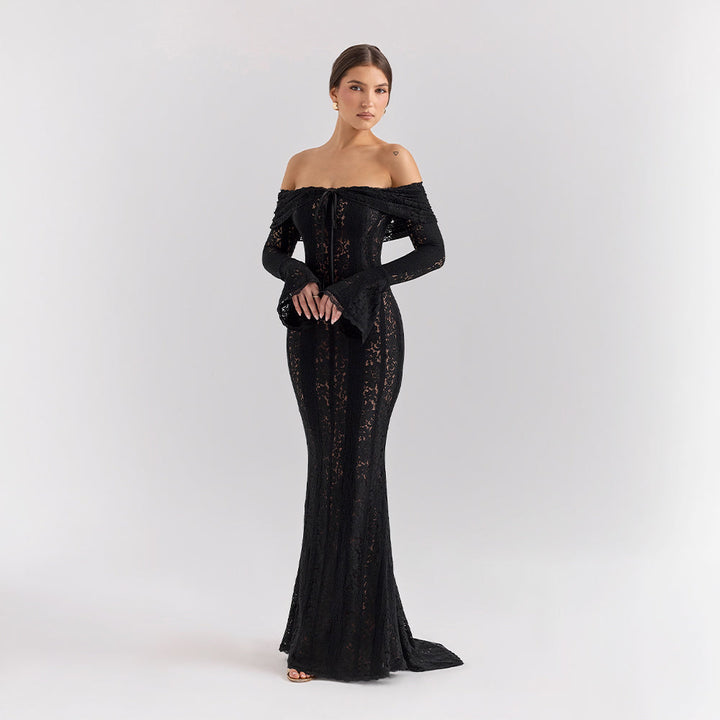 Damen Maxi Kleid mit schulterfreiem Ausschnitt langen Glockenärmeln und Bindeverschluss am Ausschnitt