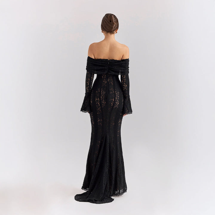 Damen Maxi Kleid mit schulterfreiem Ausschnitt langen Glockenärmeln und Bindeverschluss am Ausschnitt