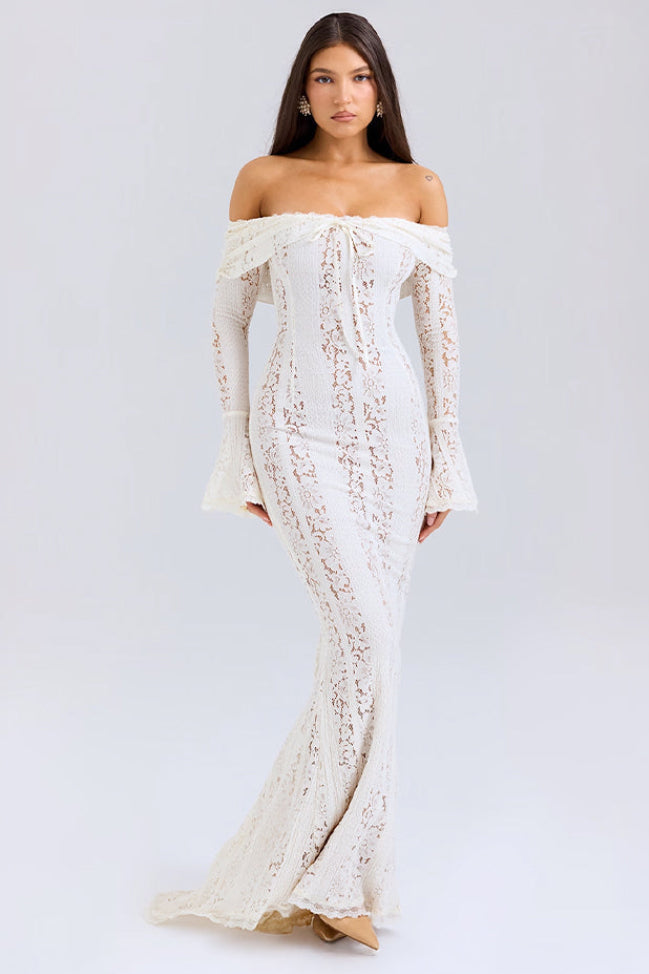 Damen Maxi Kleid mit schulterfreiem Ausschnitt langen Glockenärmeln und Bindeverschluss am Ausschnitt