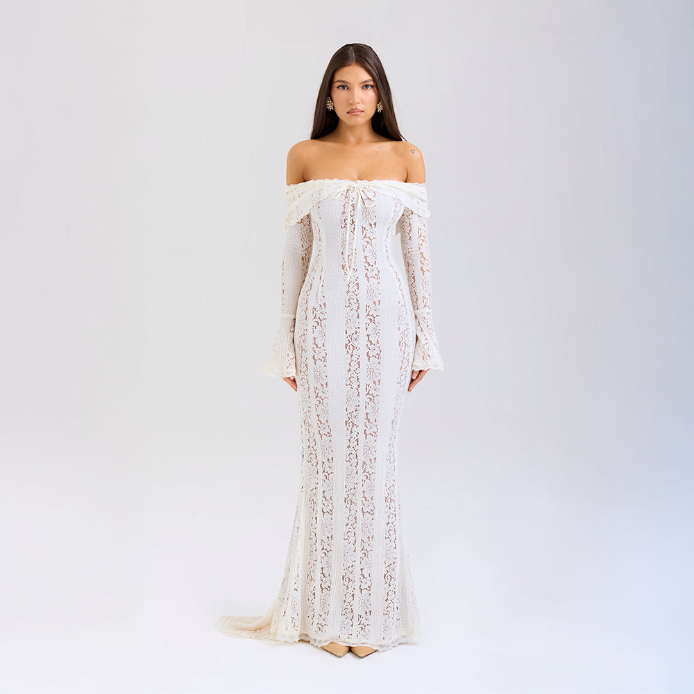 Damen Maxi Kleid mit schulterfreiem Ausschnitt langen Glockenärmeln und Bindeverschluss am Ausschnitt