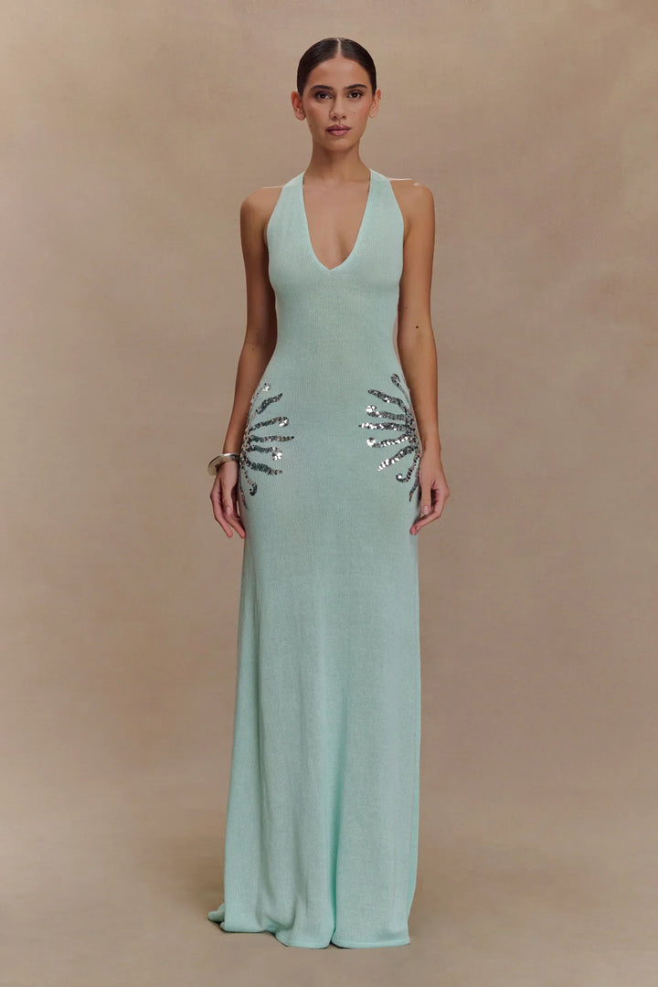 Damen Maxi Kleid mit tiefem V-Ausschnitt und Pailletten Applikationen an den Seiten