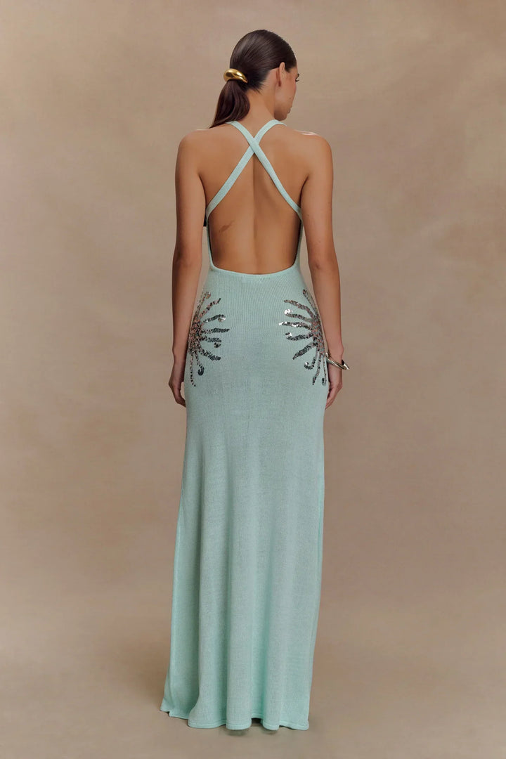 Damen Maxi Kleid mit tiefem V-Ausschnitt und Pailletten Applikationen an den Seiten