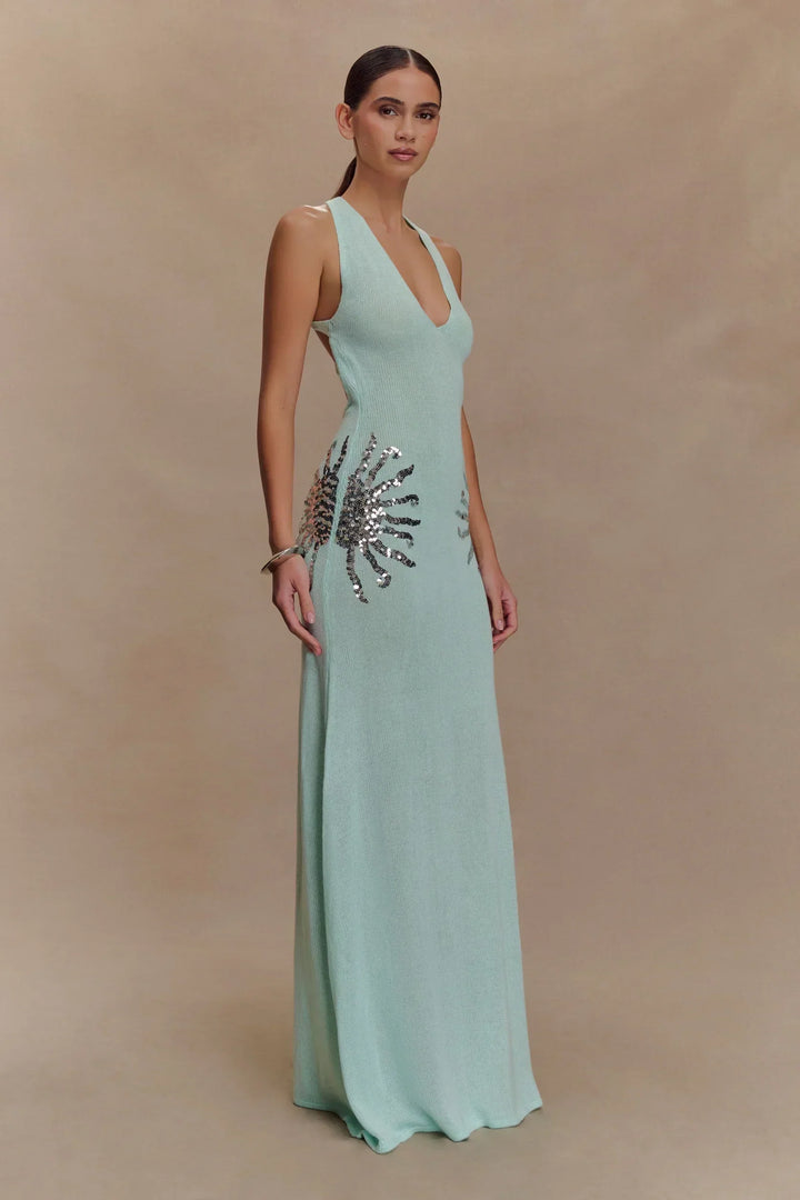 Damen Maxi Kleid mit tiefem V-Ausschnitt und Pailletten Applikationen an den Seiten