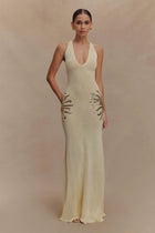 Damen Maxi Kleid mit tiefem V-Ausschnitt und Pailletten Applikationen an den Seiten