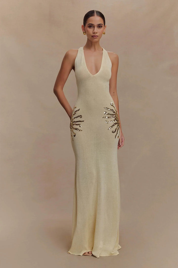 Damen Maxi Kleid mit tiefem V-Ausschnitt und Pailletten Applikationen an den Seiten