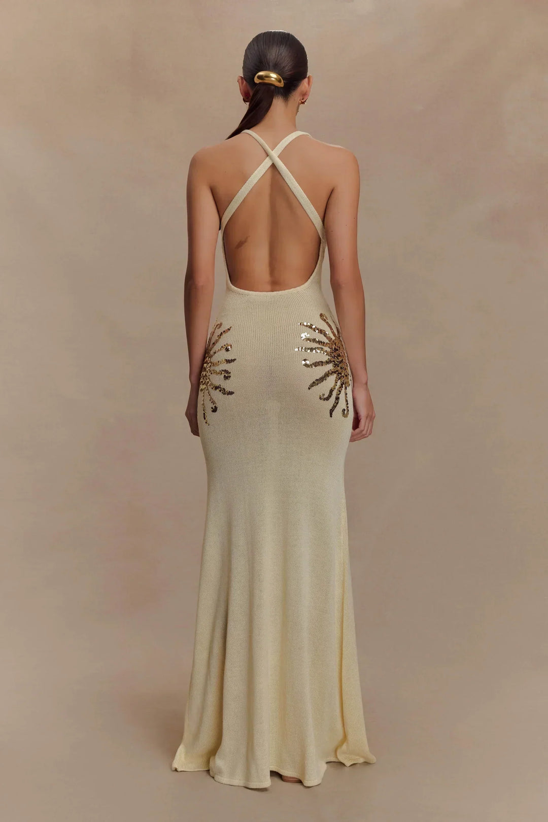 Damen Maxi Kleid mit tiefem V-Ausschnitt und Pailletten Applikationen an den Seiten