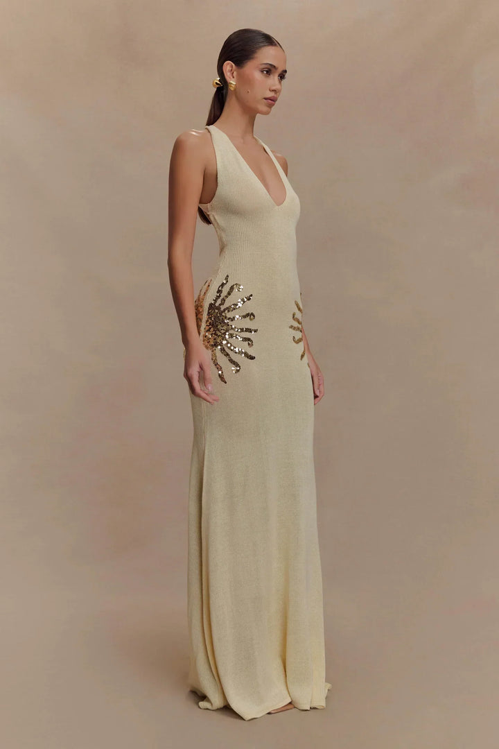 Damen Maxi Kleid mit tiefem V-Ausschnitt und Pailletten Applikationen an den Seiten