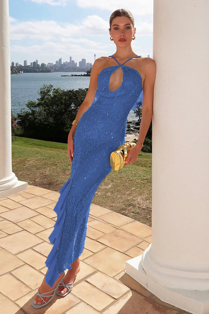 Damen Maxikleid mit Pailletten und kreuzenden Halter Trägern und asymmetrischem Rüschensaum