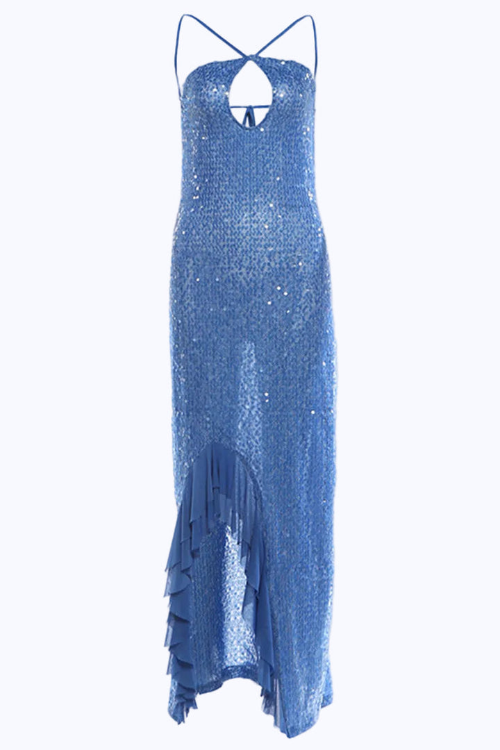 Damen Maxikleid mit Pailletten und kreuzenden Halter Trägern und asymmetrischem Rüschensaum