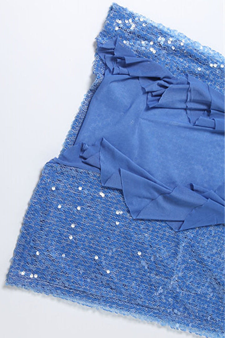 Damen Maxikleid mit Pailletten und kreuzenden Halter Trägern und asymmetrischem Rüschensaum