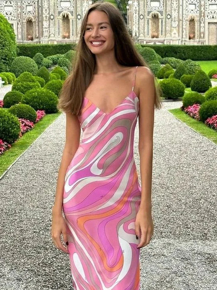 Damen Maxikleid mit Spaghettiträgern und V-Kragen mit Muster