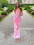 Damen Maxikleid mit Spaghettiträgern und V-Kragen mit Muster