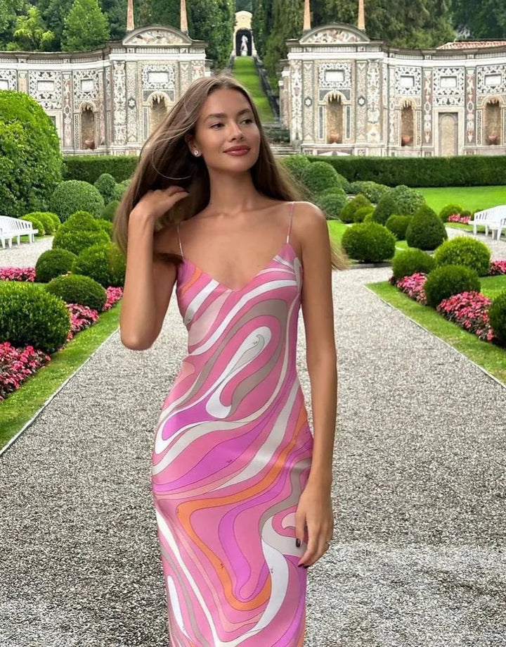 Damen Maxikleid mit Spaghettiträgern und V-Kragen mit Muster