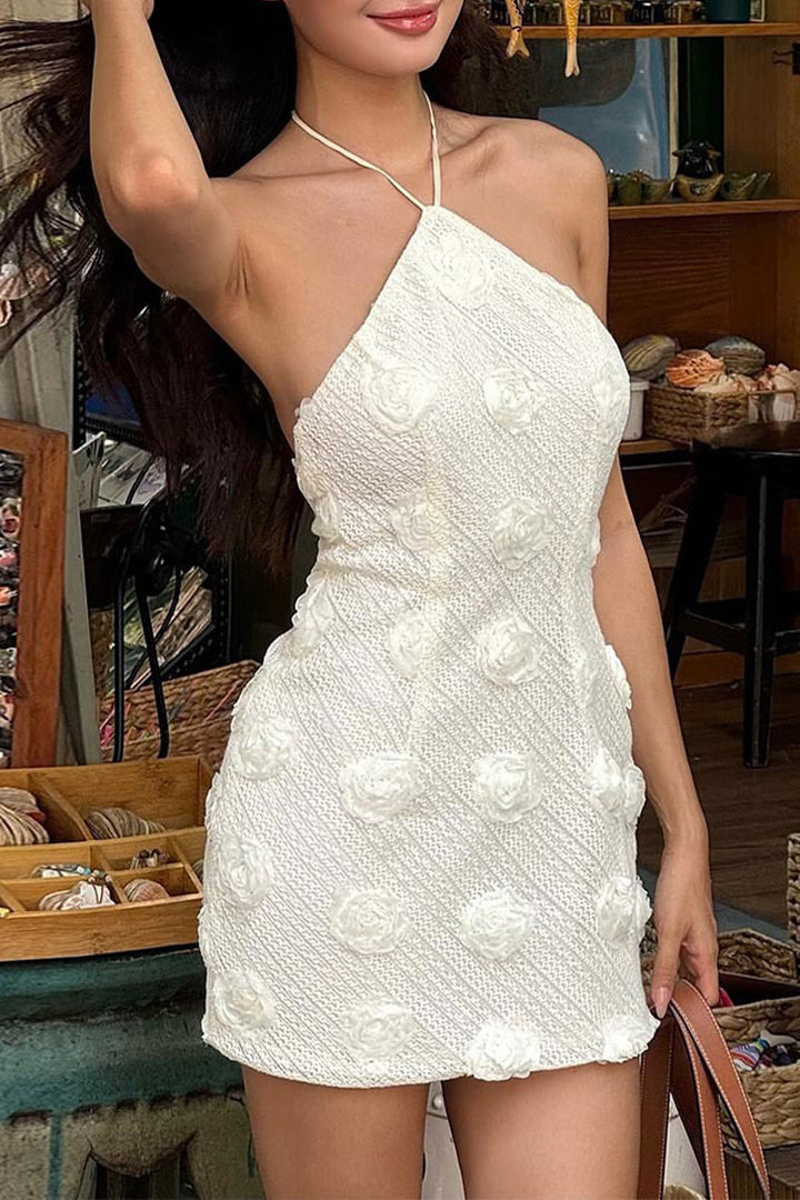 Damen Minikleid mit Neckholder Träger und 3D-Rosenapplikationen