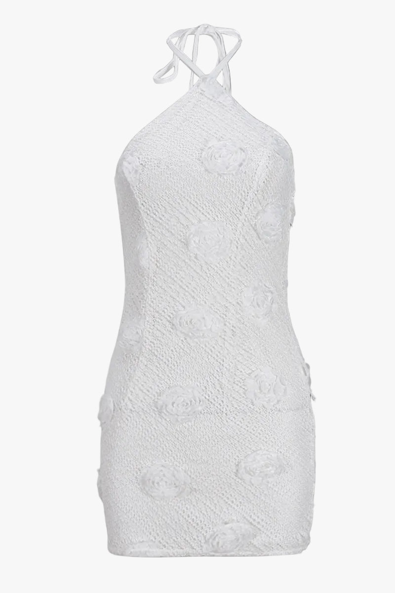 Damen Minikleid mit Neckholder Träger und 3D-Rosenapplikationen