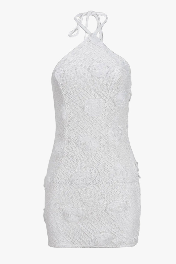 Damen Minikleid mit Neckholder Träger und 3D-Rosenapplikationen