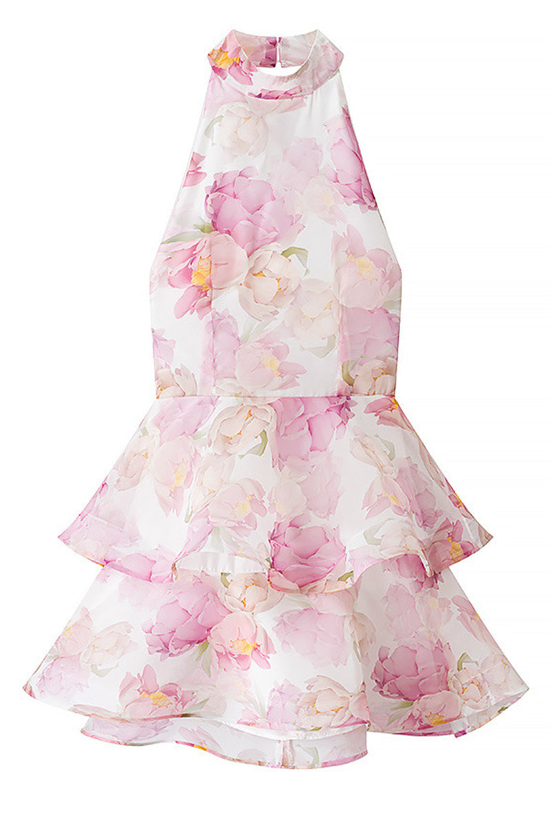 Damen Minikleid mit Neckholder Träger und gerüschtem Kragen und gestuftem Rüschenrock