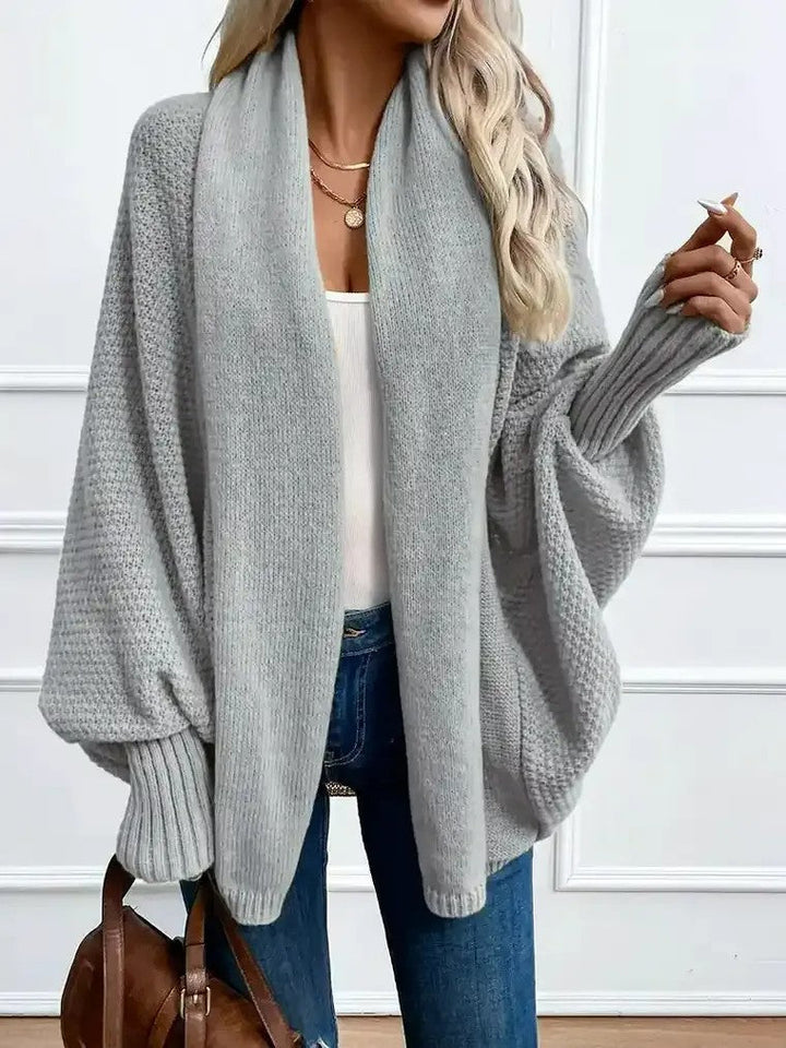 Damen Offene Strickjacke mit Schalkragen Fledermausärmeln und Gerippten Bündchen