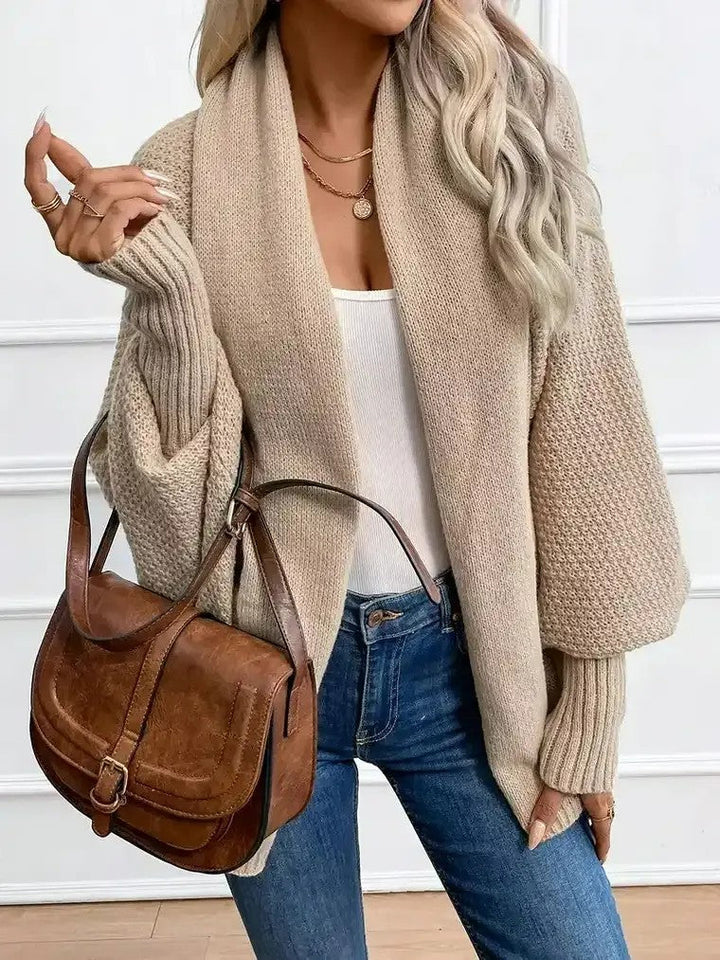 Damen Offene Strickjacke mit Schalkragen Fledermausärmeln und Gerippten Bündchen
