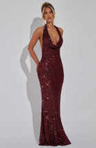 Damen Pailletten Maxikleid mit Halterneck Träger und Cowl Ausschnitt