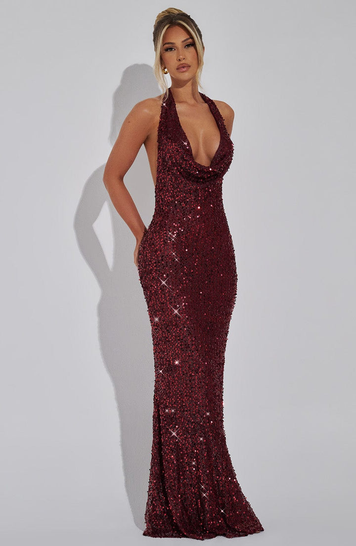 Damen Pailletten Maxikleid mit Halterneck Träger und Cowl Ausschnitt