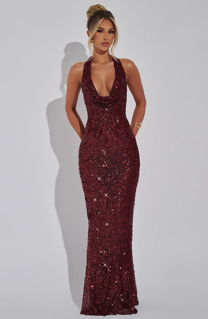 Damen Pailletten Maxikleid mit Halterneck Träger und Cowl Ausschnitt